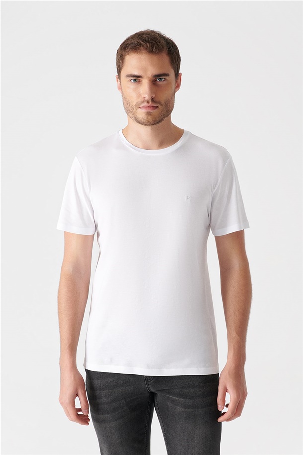 Beyaz Ultrasoft Bisiklet Yaka Düz Modal T-Shirt