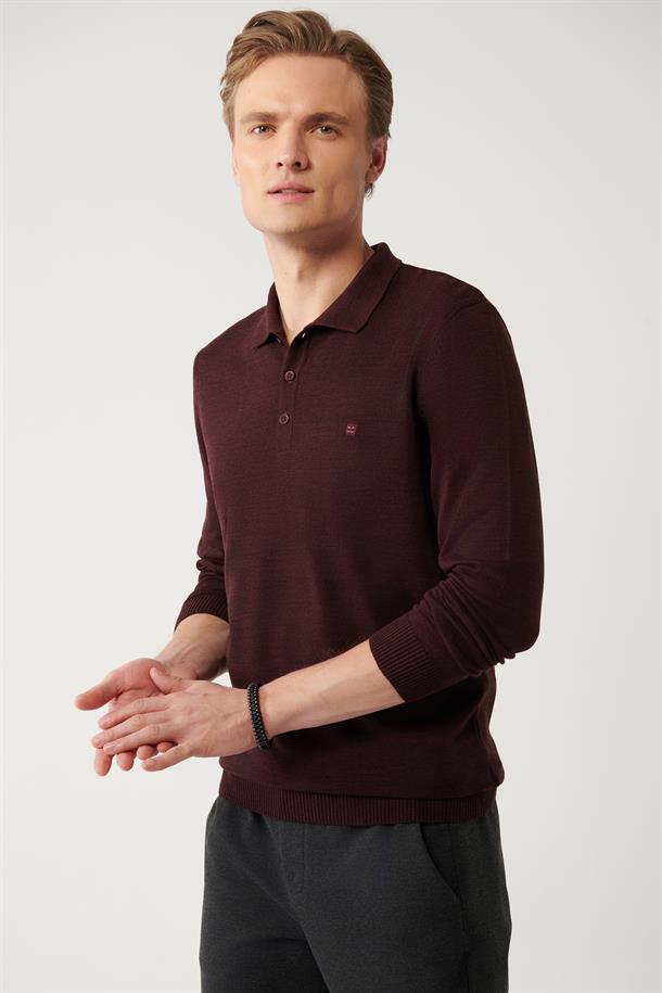 Bordo 3 Düğmeli Polo Yaka Regular Fit Standart Kesim Triko Kazak