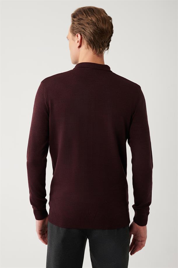 Bordo 3 Düğmeli Polo Yaka Regular Fit Standart Kesim Triko Kazak
