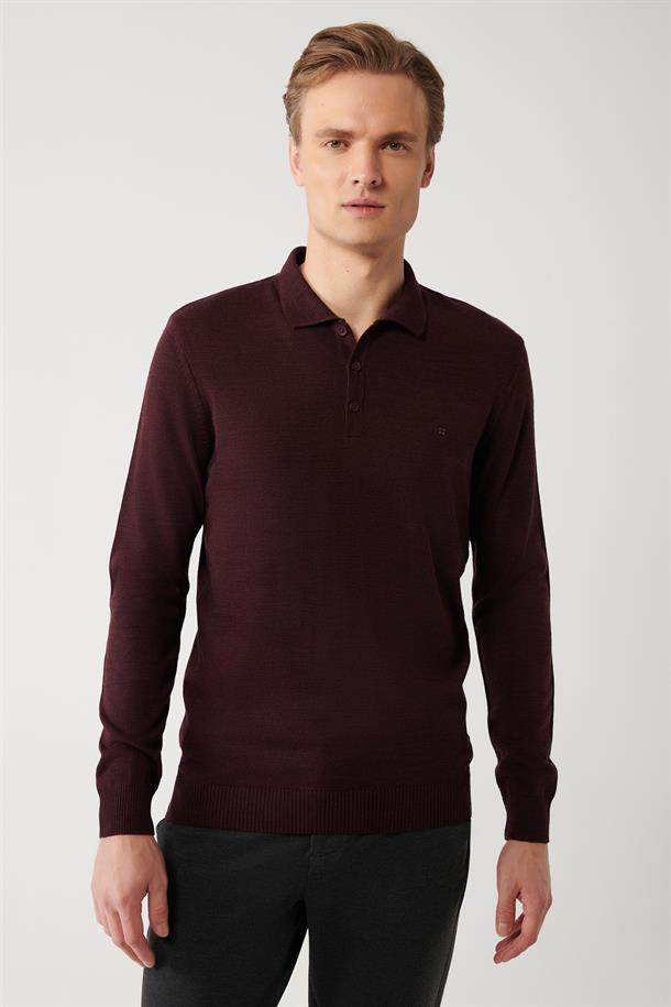 Bordo 3 Düğmeli Polo Yaka Regular Fit Standart Kesim Triko Kazak