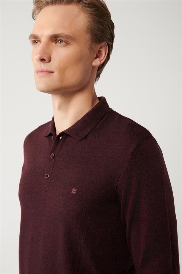 Bordo 3 Düğmeli Polo Yaka Regular Fit Standart Kesim Triko Kazak
