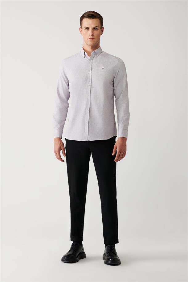 Bordo Alttan Britli Yaka Pamuklu Armürlü Slim Fit Gömlek