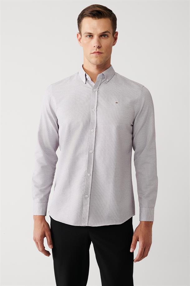 Bordo Alttan Britli Yaka Pamuklu Armürlü Slim Fit Gömlek