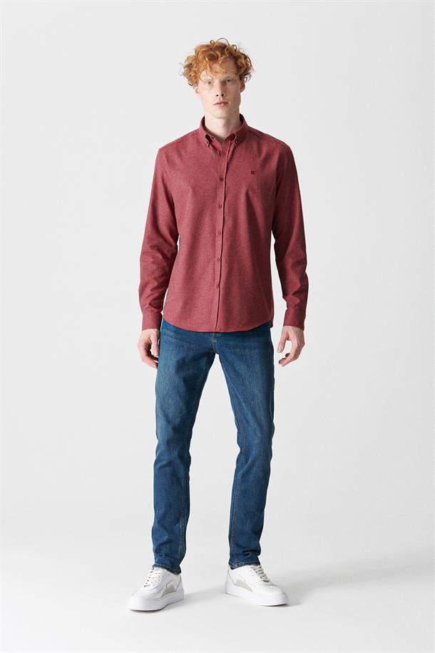Bordo Düz Düğmeli Yaka Comfort Fit Gömlek