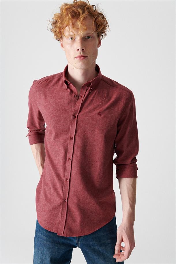 Bordo Düz Düğmeli Yaka Comfort Fit Gömlek