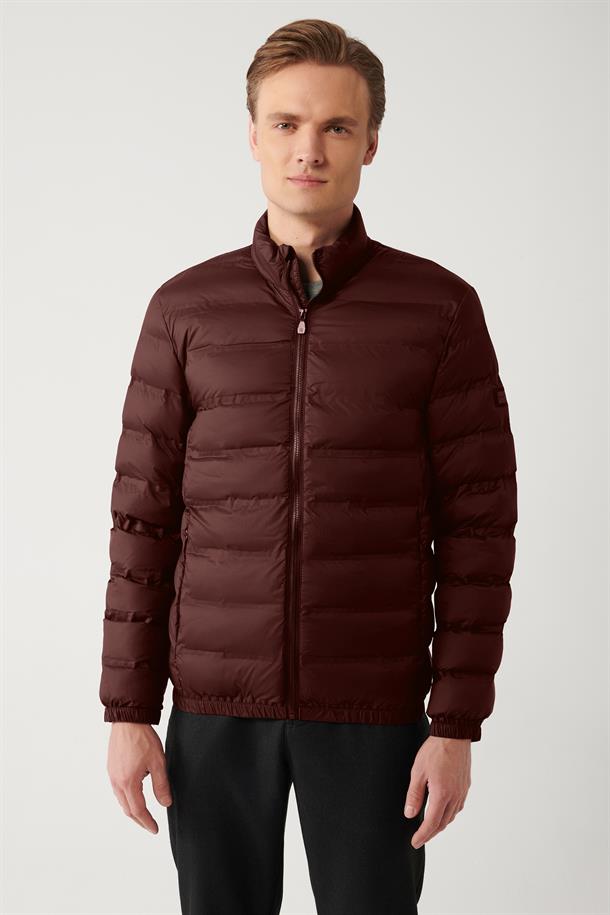 Bordo Dik Yaka Su İtici Rüzgar Geçirmez Hafif Comfort Fit Rahat Kesim Şişme Mont