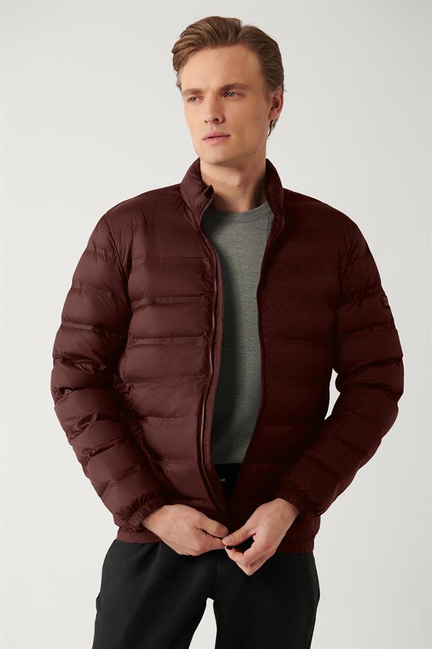 Bordo Dik Yaka Su İtici Rüzgar Geçirmez Hafif Comfort Fit Rahat Kesim Şişme Mont