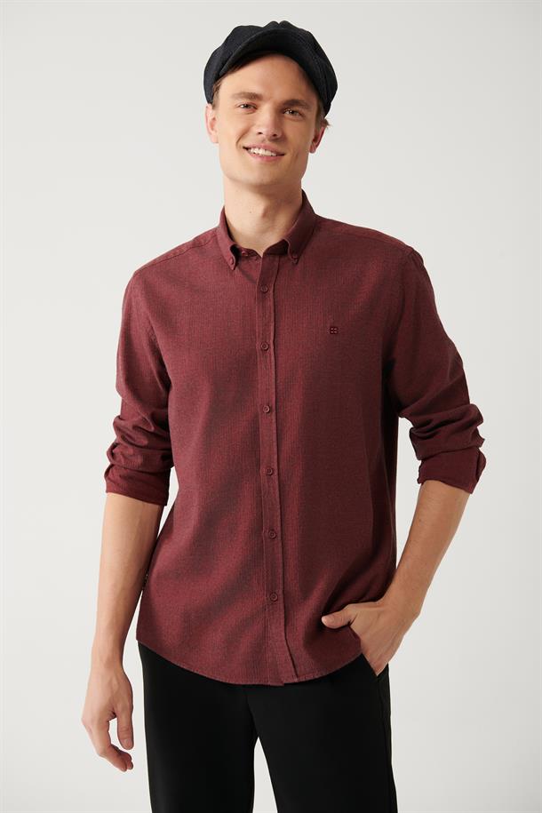 Bordo Düğmeli Yaka Balıksırtı Flanel Regular Fit Gömlek