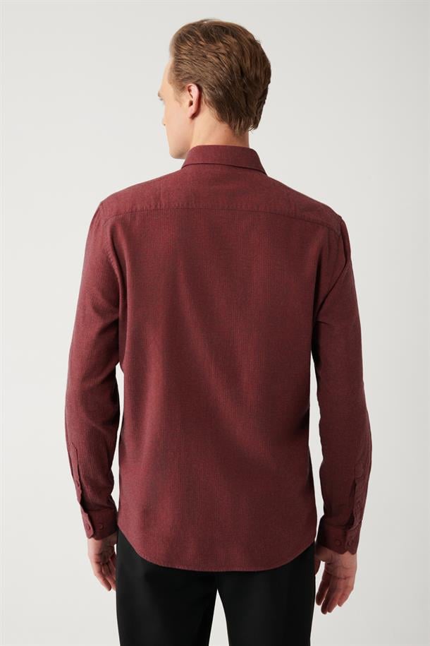 Bordo Düğmeli Yaka Balıksırtı Flanel Regular Fit Gömlek