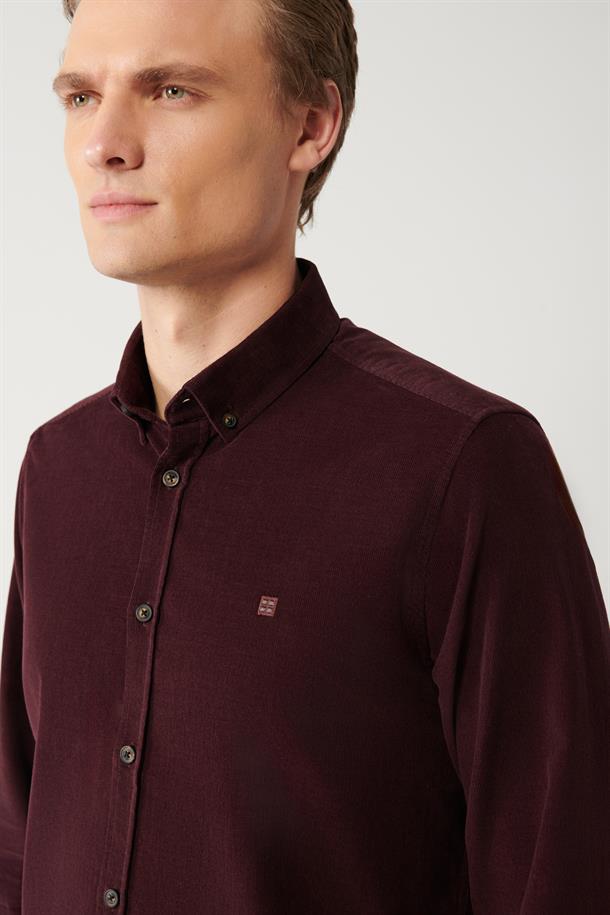 Bordo Düğmeli Yaka Fitilli Kadife Pamuklu Regular Fit Gömlek
