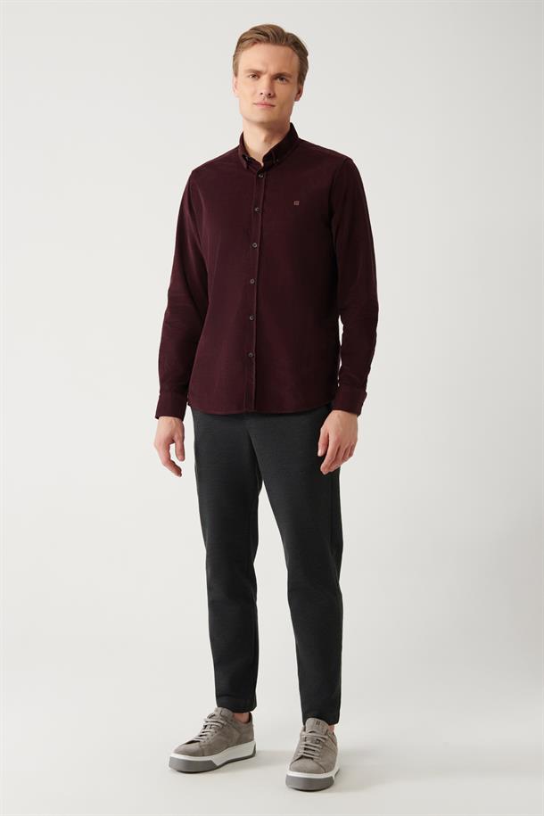 Bordo Düğmeli Yaka Fitilli Kadife Pamuklu Regular Fit Gömlek