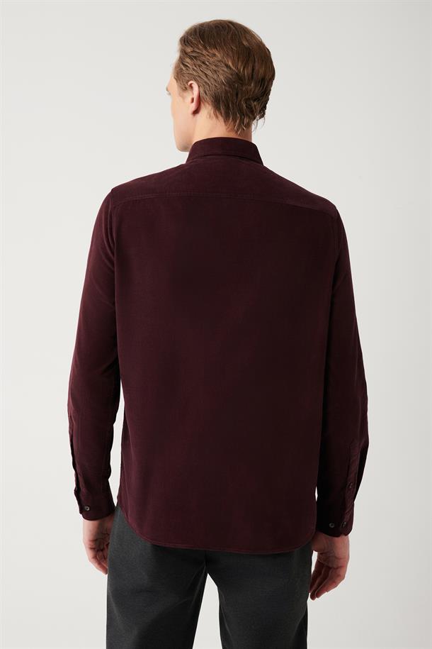 Bordo Düğmeli Yaka Fitilli Kadife Pamuklu Regular Fit Gömlek