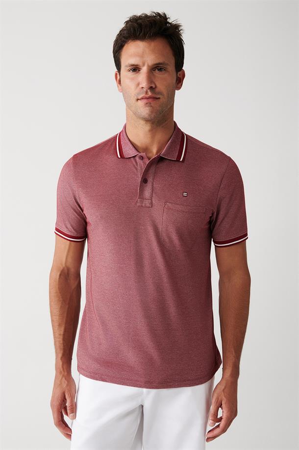 Bordo Enine Çizglili Cepli  Polo Yaka T-shirt
