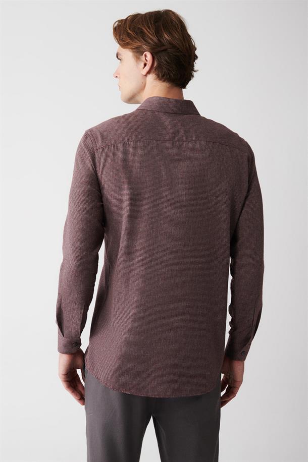 Bordo Klasik Yaka Armürlü Flanel Slim Fit Gömlek
