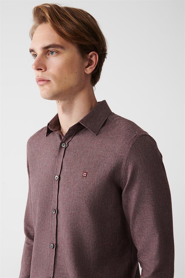 Bordo Klasik Yaka Armürlü Flanel Slim Fit Gömlek