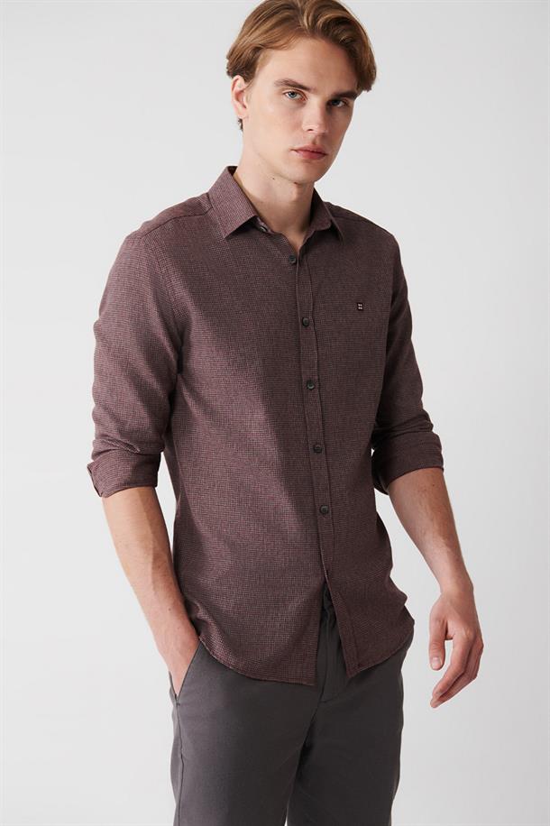Bordo Klasik Yaka Armürlü Flanel Slim Fit Gömlek