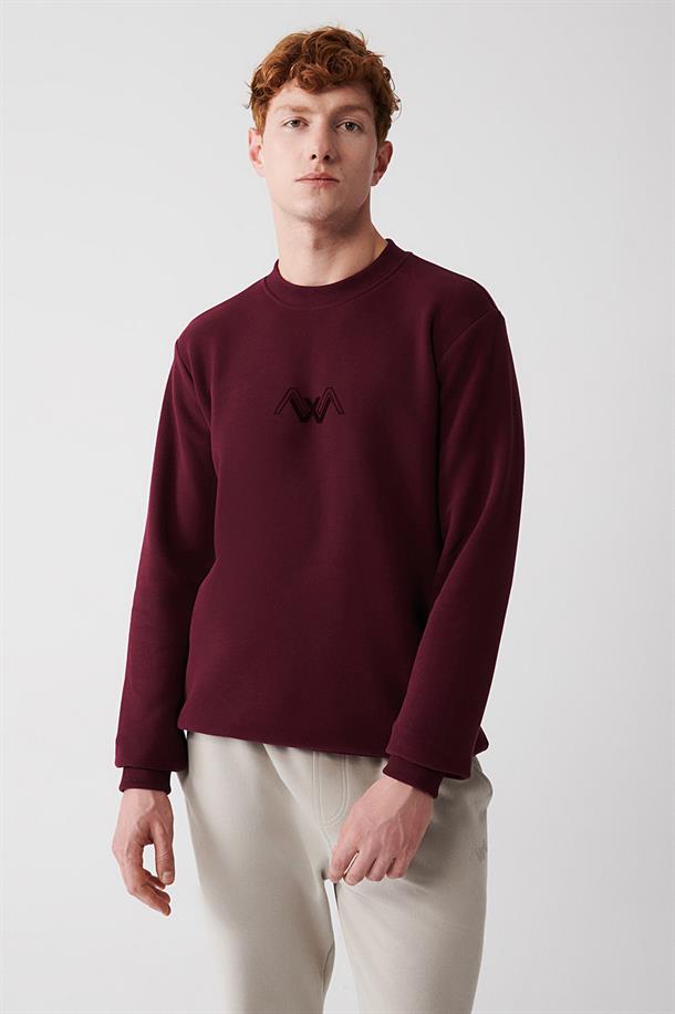 Bordo Şardonlu Kumaş Bisiklet Yaka Enjeksiyon Baskılı Sweatshirt