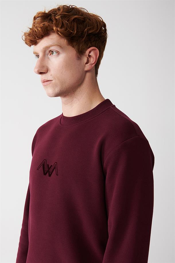 Bordo Şardonlu Kumaş Bisiklet Yaka Enjeksiyon Baskılı Sweatshirt
