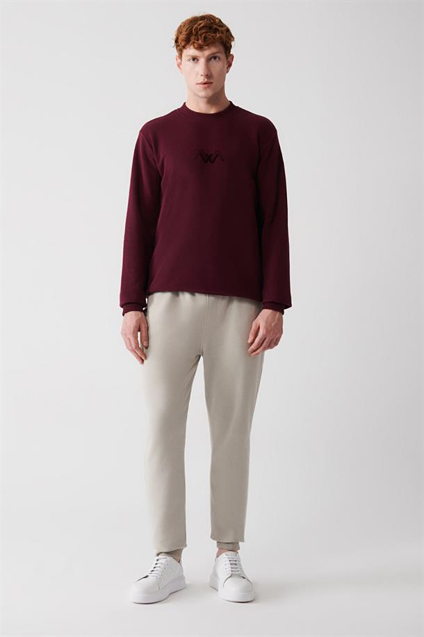 Bordo Şardonlu Kumaş Bisiklet Yaka Enjeksiyon Baskılı Sweatshirt