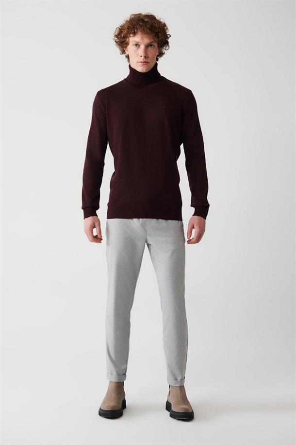 Bordo Tam Balıkçı Yaka Tüylenmeyen Regular Fit Standart Kesim Triko Kazak