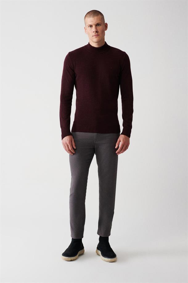 Bordo Yarım Balıkçı Yaka Tüylenmeyen Regular Fit Standart Kesim Unisex Triko Kazak