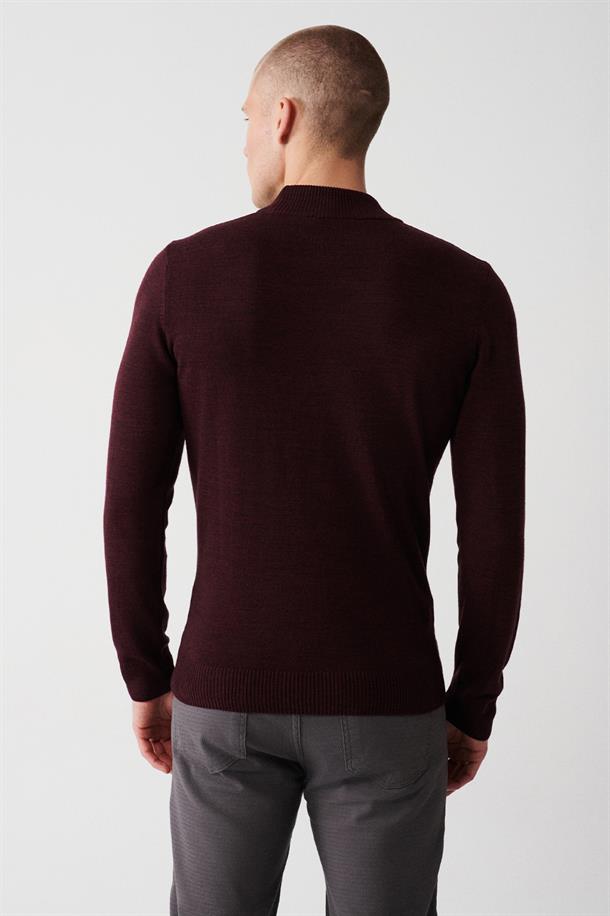 Bordo Yarım Balıkçı Yaka Tüylenmeyen Regular Fit Standart Kesim Unisex Triko Kazak