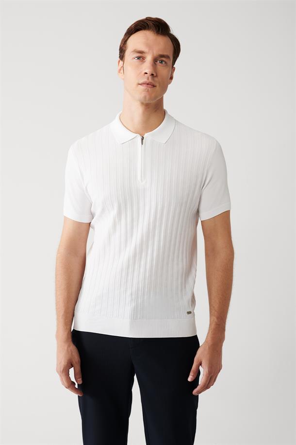 Ekru Polo Yaka Dokulu Rayon Triko T-shirt