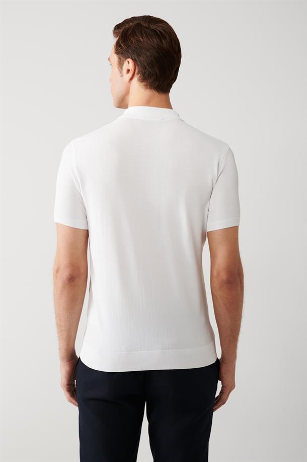 Ekru Polo Yaka Dokulu Rayon Triko T-shirt