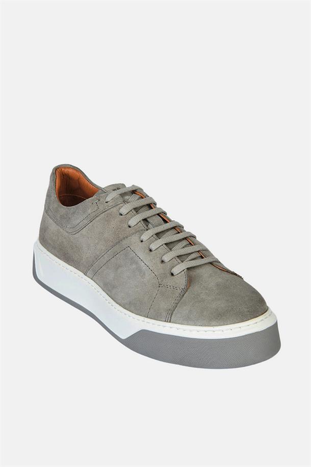 Gri %100 Deri Bağcıklı Esnek Taban Sneaker Ayakkabı