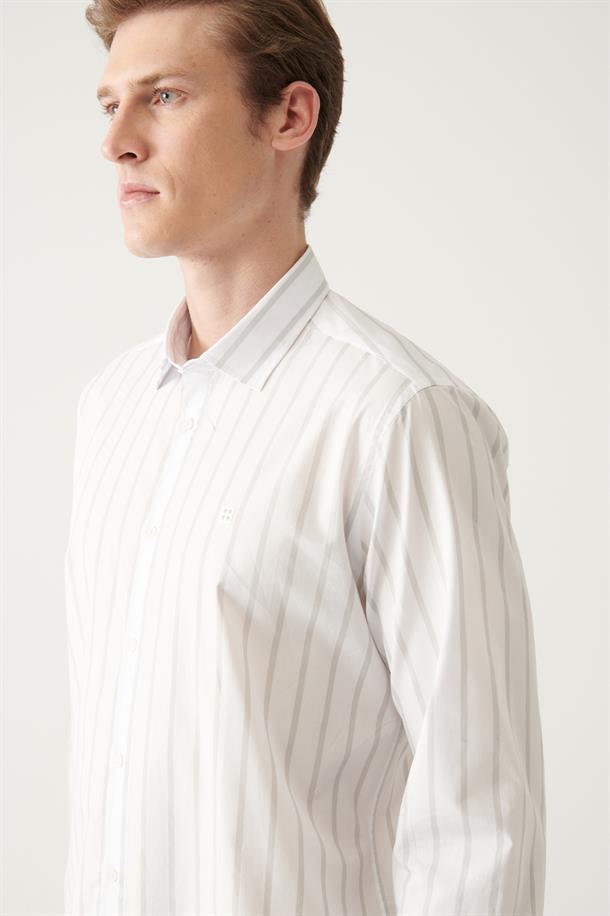 Gri-Beyaz Çizgili %100 Pamuk Regular Fit Poplin Gömlek
