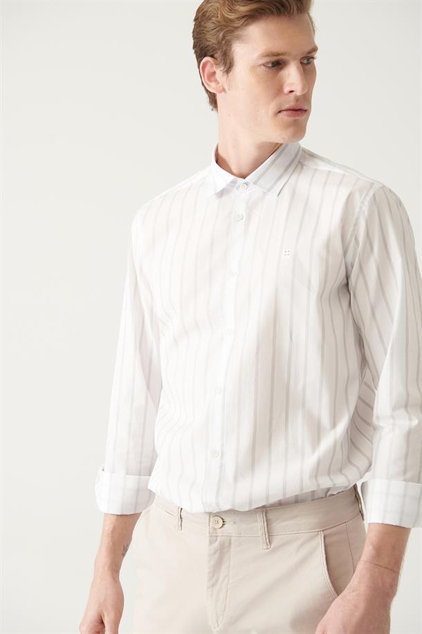 Gri-Beyaz Çizgili %100 Pamuk Regular Fit Poplin Gömlek