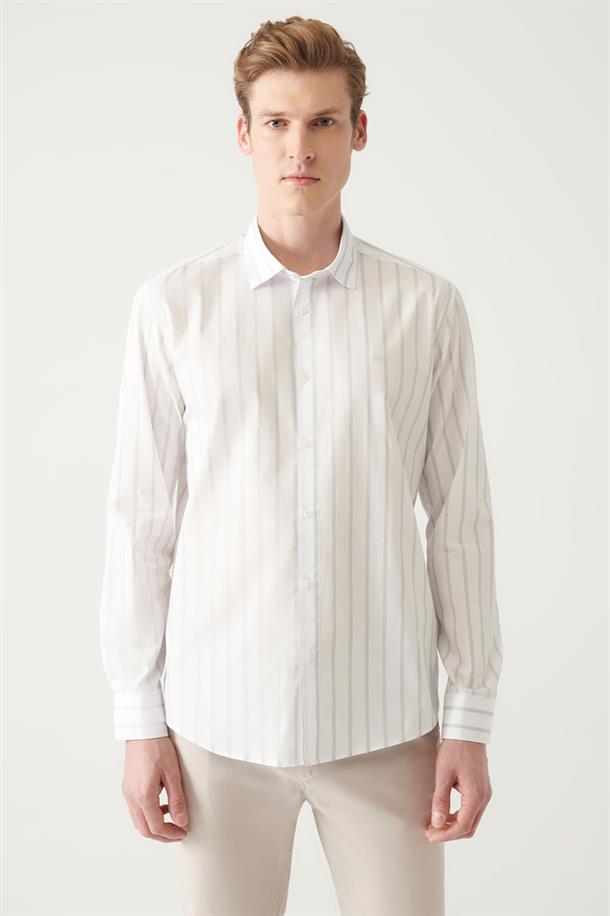 Gri-Beyaz Çizgili %100 Pamuk Regular Fit Poplin Gömlek