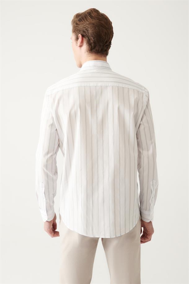 Gri-Beyaz Çizgili %100 Pamuk Regular Fit Poplin Gömlek