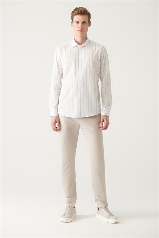 Gri-Beyaz Çizgili %100 Pamuk Regular Fit Poplin Gömlek