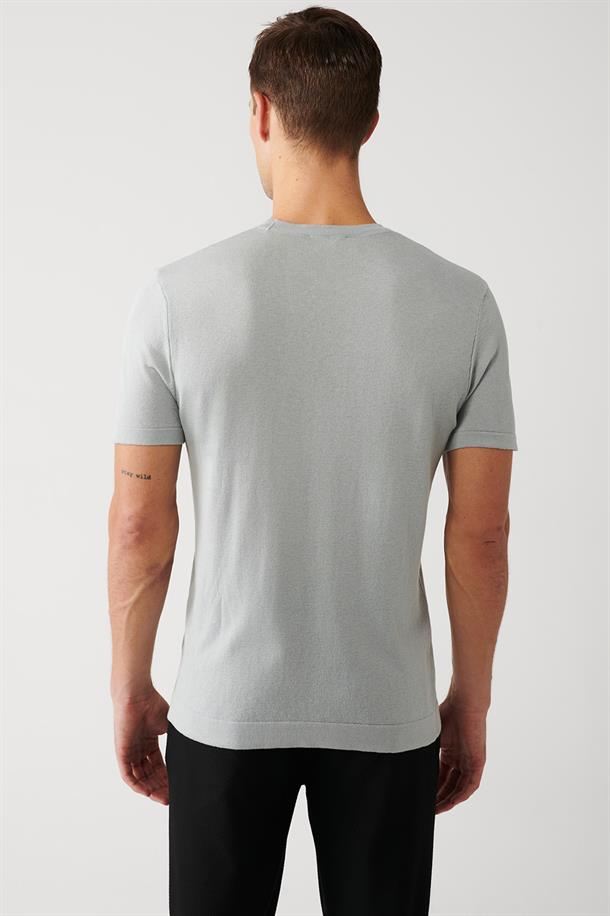 Gri Bisiklet Yaka Pamuklu Regular Fit İnce Triko T-Shirt
