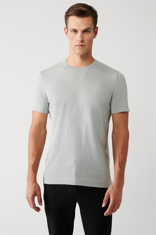 Gri Bisiklet Yaka Pamuklu Regular Fit İnce Triko T-Shirt