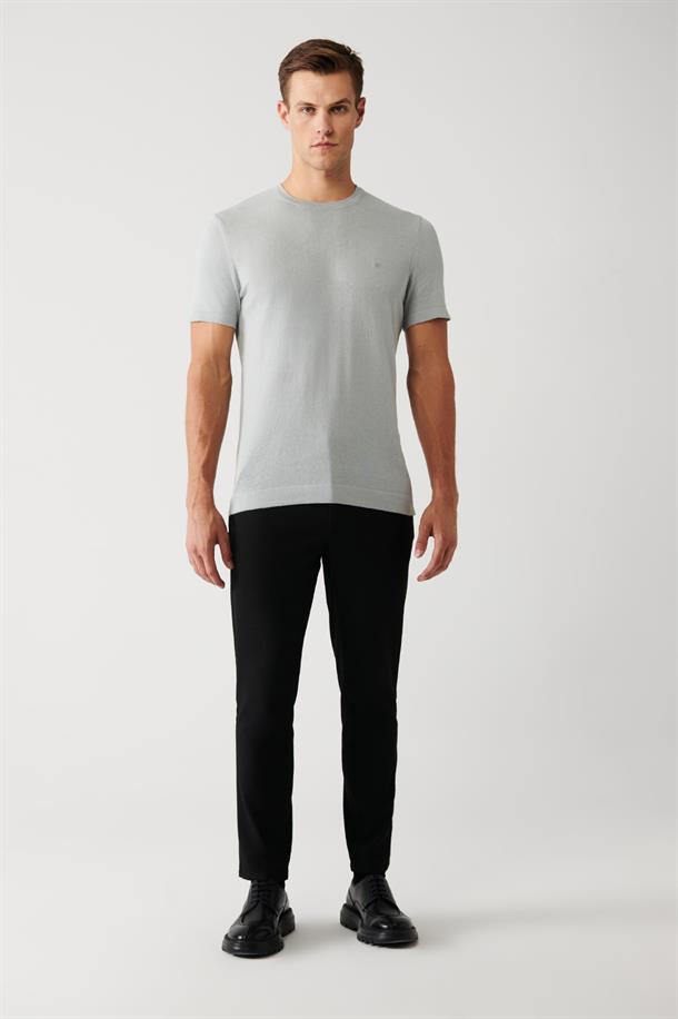 Gri Bisiklet Yaka Pamuklu Regular Fit İnce Triko T-Shirt