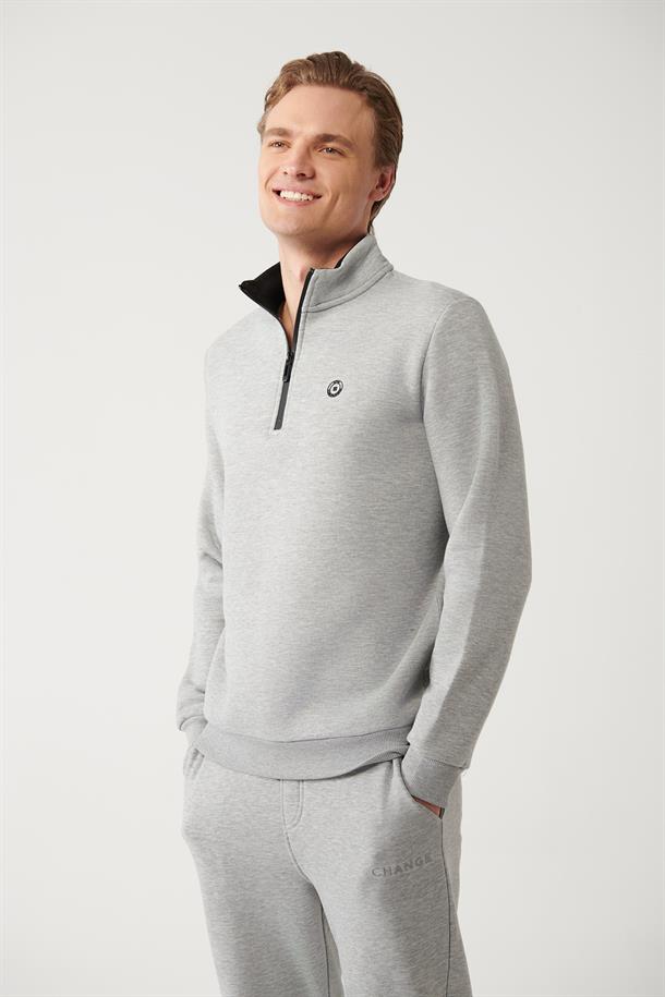 Gri Dik Yaka Fermuarlı İçi Polarlı 3 İplik Regular Fit Standart Kesim Unisex Sweatshirt