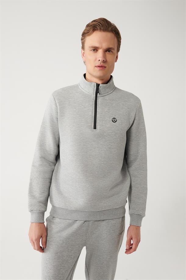 Gri Dik Yaka Fermuarlı İçi Polarlı 3 İplik Regular Fit Standart Kesim Unisex Sweatshirt