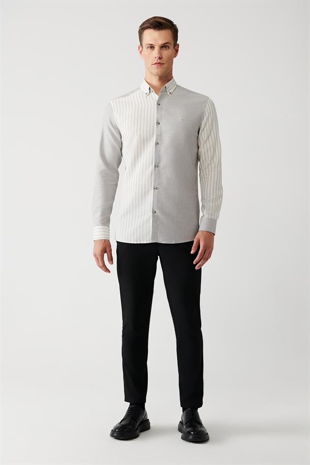 Gri Düğmeli Yaka Çizgili Parçalı Pamuk Viskon Karışımlı Slim Fit Gömlek