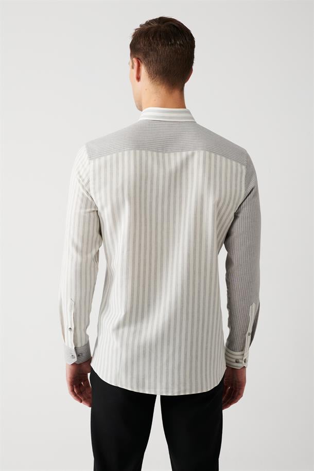 Gri Düğmeli Yaka Çizgili Parçalı Pamuk Viskon Karışımlı Slim Fit Gömlek
