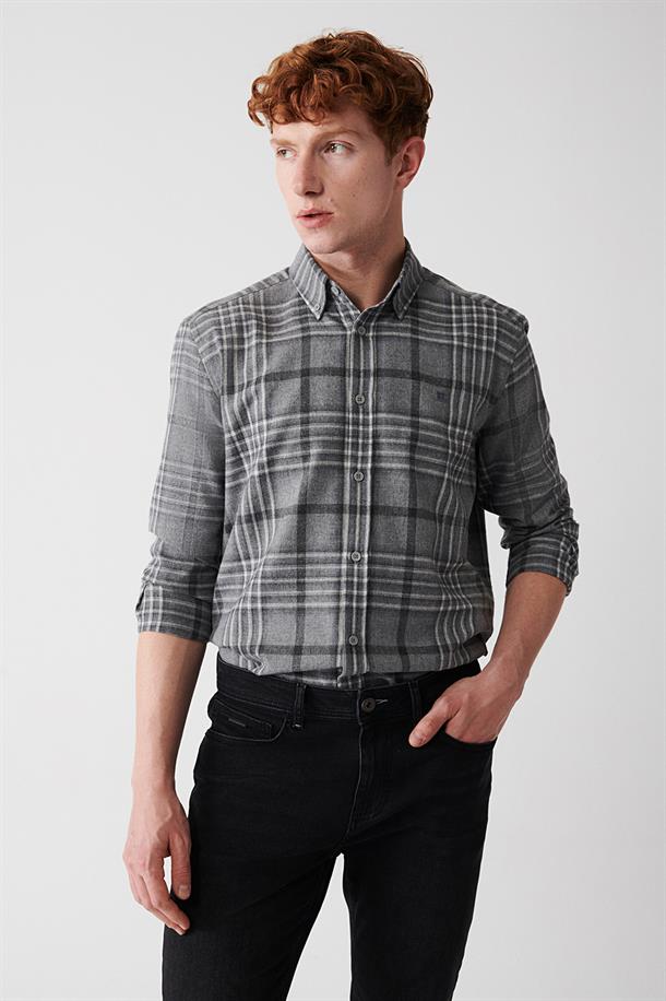 Gri Düğmeli Yaka Ekoseli Flanel Comfort Fit Gömlek