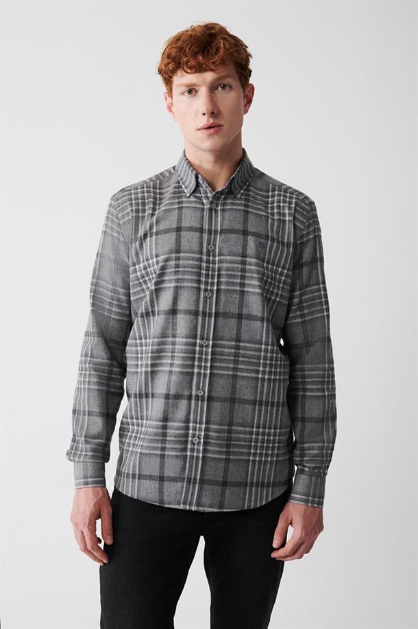 Gri Düğmeli Yaka Ekoseli Flanel Comfort Fit Gömlek