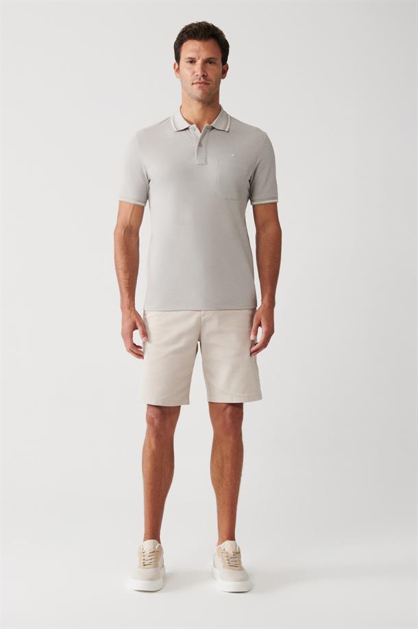 Gri Enine Çizglili Cepli  Polo Yaka T-shirt
