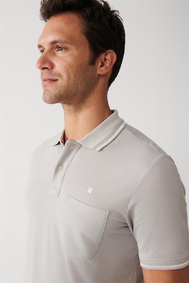 Gri Enine Çizglili Cepli  Polo Yaka T-shirt