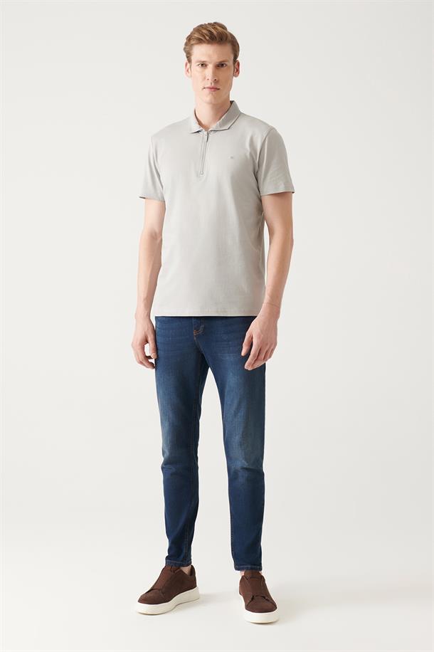 Gri Fermuarlı Polo Yaka T-Shirt