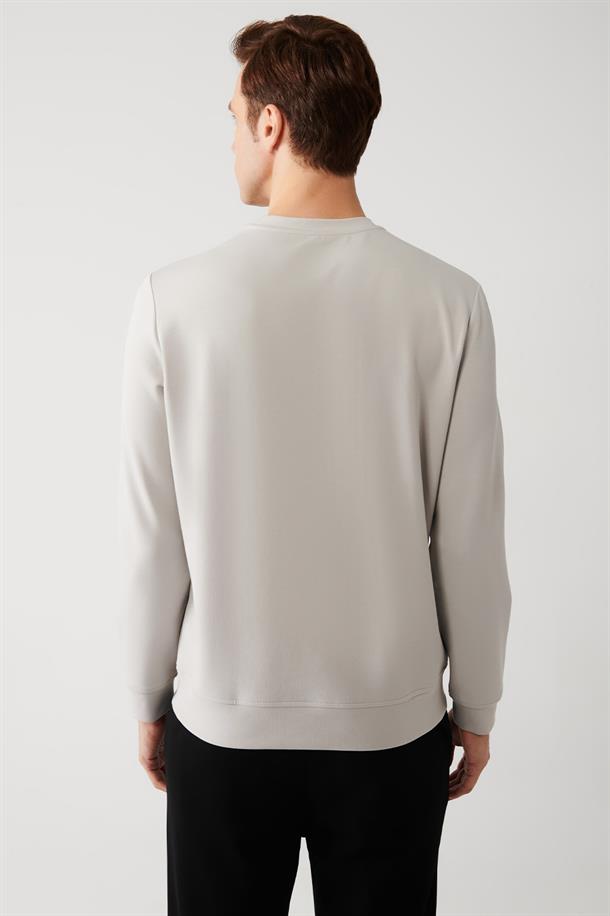 Gri İnterlok Kumaş Bisiklet Yaka Baskılı Sweatshirt