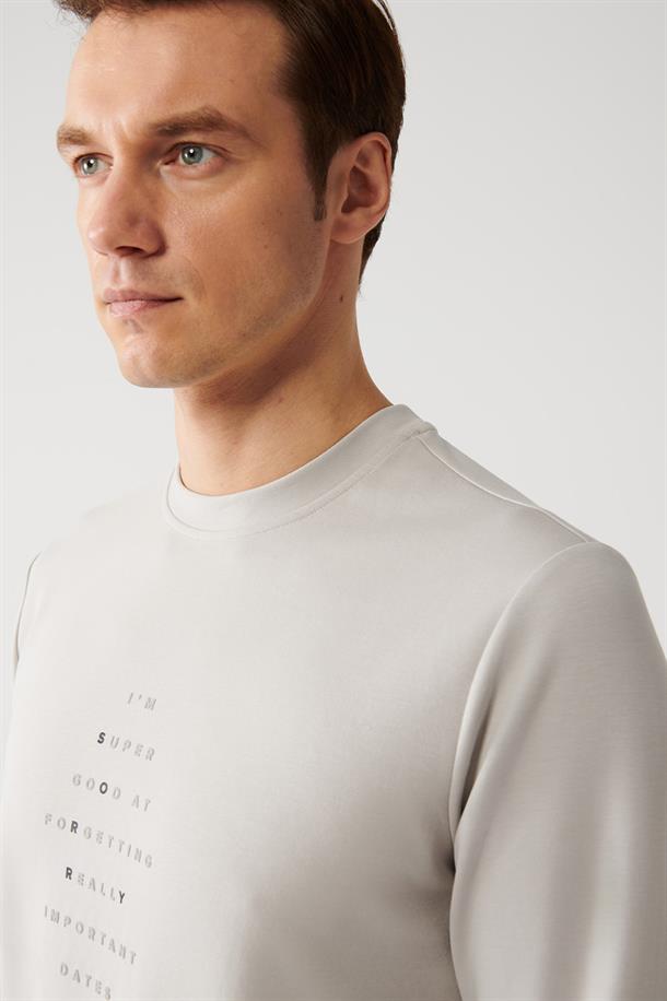 Gri İnterlok Kumaş Bisiklet Yaka Baskılı Sweatshirt