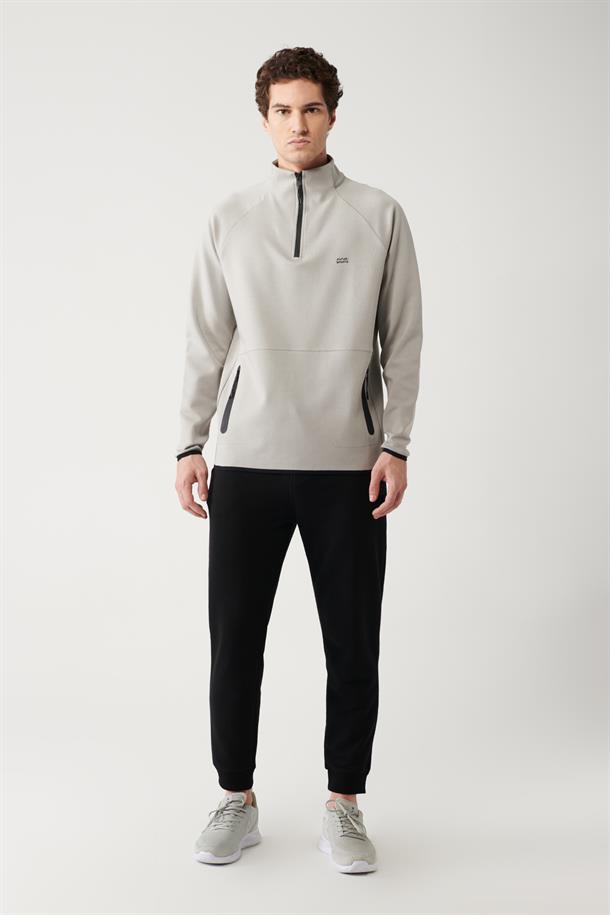 Gri İnterlok Kumaş Yarım Fermuarlı Yaka Reglan Kol Sweatshirt