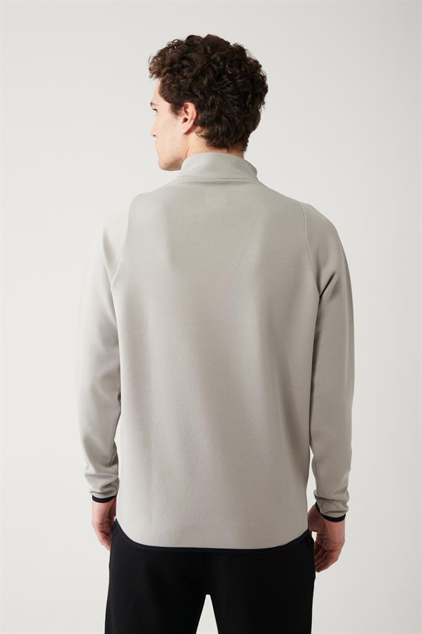 Gri İnterlok Kumaş Yarım Fermuarlı Yaka Reglan Kol Sweatshirt